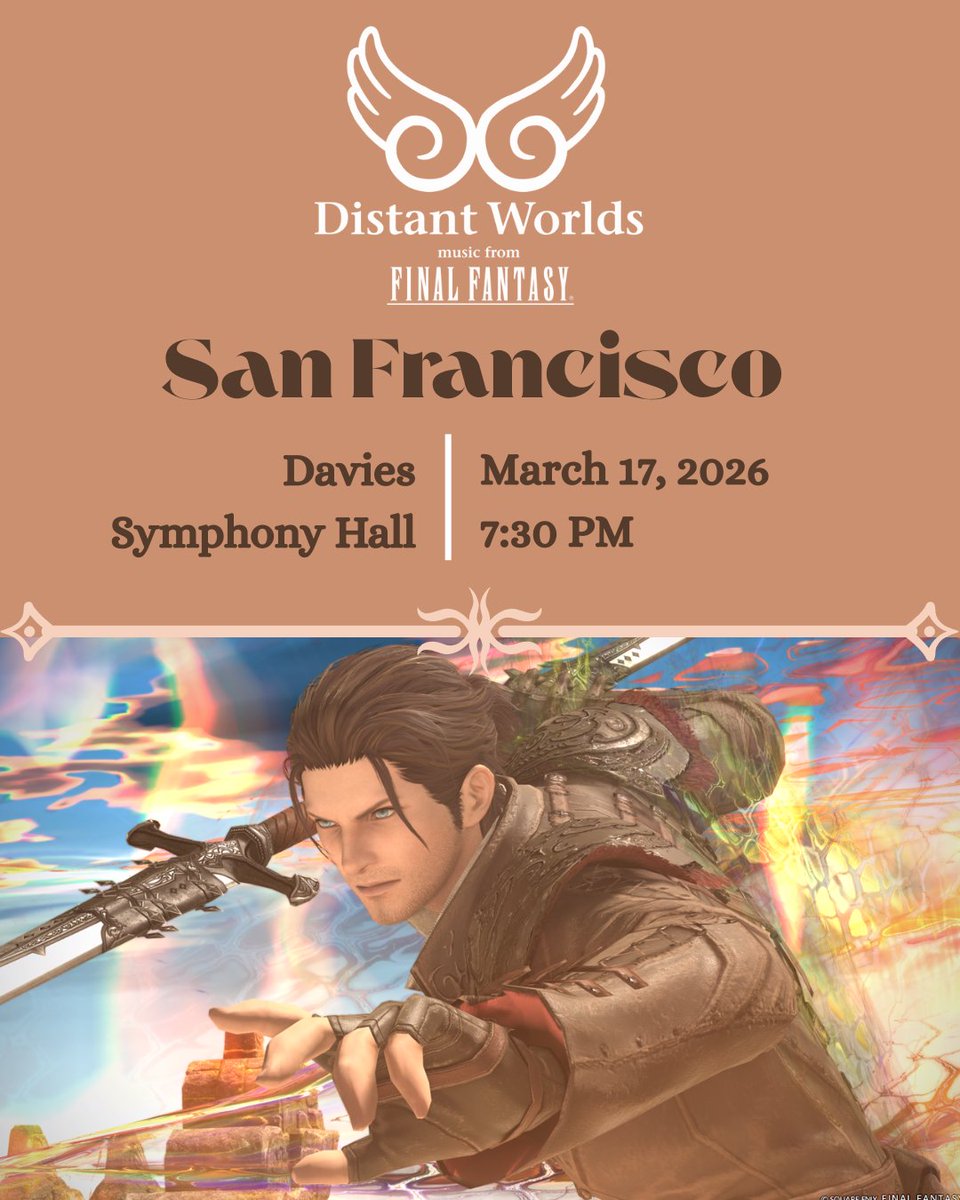 Bay Area friends…

An extraordinary night of FINAL FANTASY music awaits! 🎶💫

Distant Worlds comes to the Bay Area with Maestro Arnie Roth, Amanda Achen, and the San Francisco Symphony.
Experience your favorite scores from FINAL FANTASY XIV and XVI live in concert!

⏳ Mark
