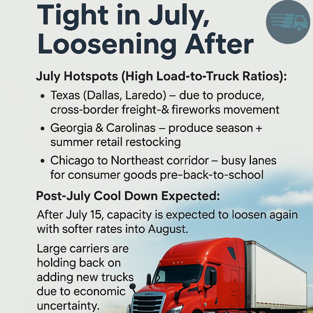 eclogistic110's tweet image. 🚛 Capacity Forecast: Tight in July, Loosening After
🔺 Hotspots: TX (Dallas, Laredo), GA, Carolinas, Chicago-Northeast
🌽 Produce season, retail restocking &amp;amp; cross-border freight driving load volumes
📉 Rates expected to soften after July 15
#TruckingNews #FreightUpdate