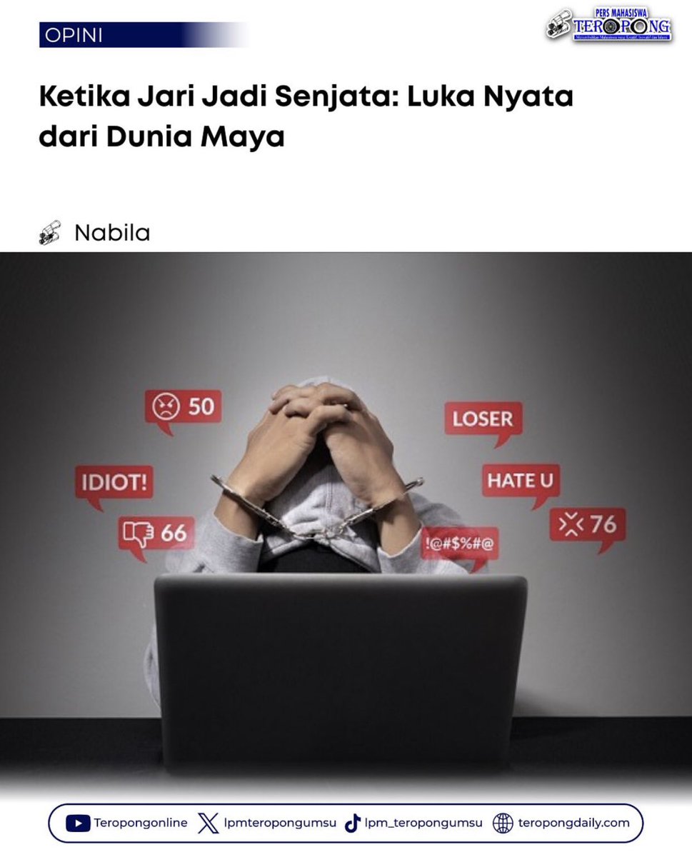 Di era serba digital, setiap jari yang menari di atas layar dapat menjadi alat untuk memotivasi, tapi juga bisa berubah menjadi senjata yang melukai. Cyberbullying bukan lagi sekadar isu dunia maya, ia bertumbuh menjadi lebih nyata —Baca selengkapnya di teropongdaily.com/ketika-jari-ja…