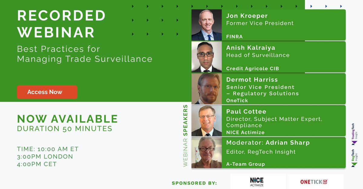 Did you miss today's webinar discussion on 'Best Practices for Managing Trade Surveillance'?

No worries!  The recording is now available; access it here: a-teaminsight.pulse.ly/xjjk5tkrgf

#tradesurveillance #digitalassets #regulations #dataquality #governance #AI #ML