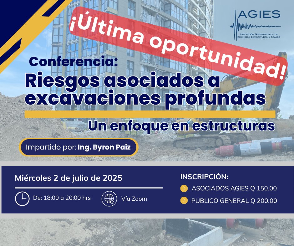 Última oportunidad! 🚨

Conferencia: 🔍 "Riesgos Asociados a Excavaciones Profundas: Un Enfoque en Estructuras" 🏗️

📅 Mañana | Miércoles 2 de julio
🕕 6:00 p.m.
💻 Vía Zoom

🔗 Inscríbete ahora! forms.gle/muMz2YWZayny2T…