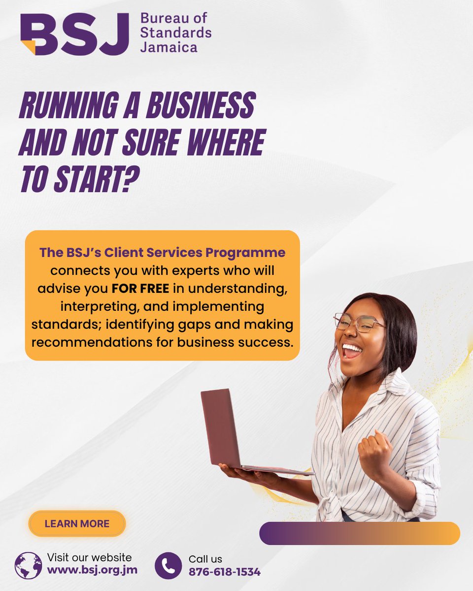 Running a business but not sure where to start? 💼

The BSJ’s Client Services Programme offers FREE expert guidance to help you apply standards and grow with confidence. ✅

🔗 bsj.org.jm | 📞 876-618-1534

#BSJSupportsBiz #MSMEJA #ClientServicesProgramme