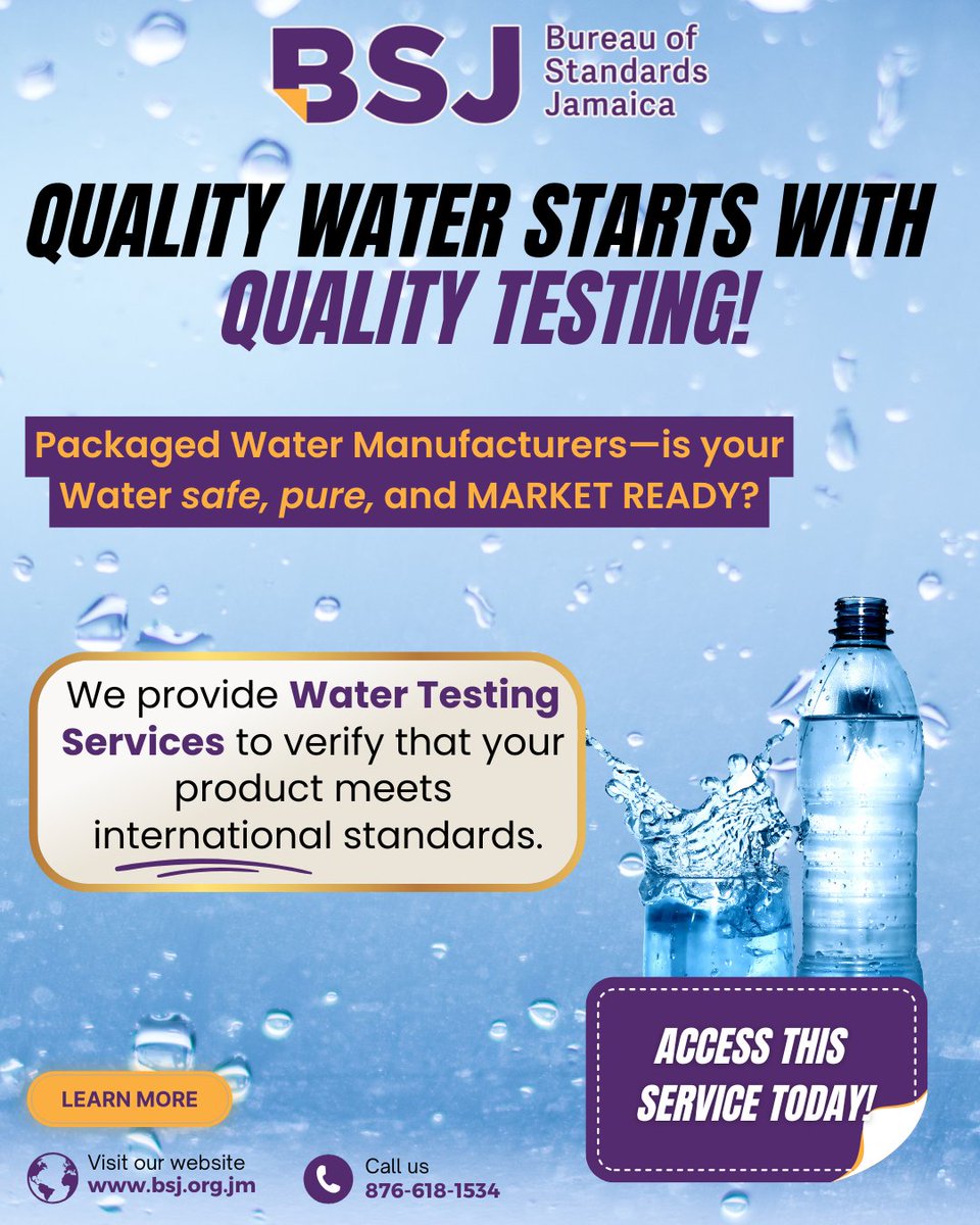💧Quality water starts with quality testing!

Packaged water producers—make sure your product is safe, pure &amp; market-ready with BSJ’s Water Testing Services.

📞 876-618-1534
🌐 bsj.org.jm

#BSJ #WaterTesting #SafeWater #MarketReady