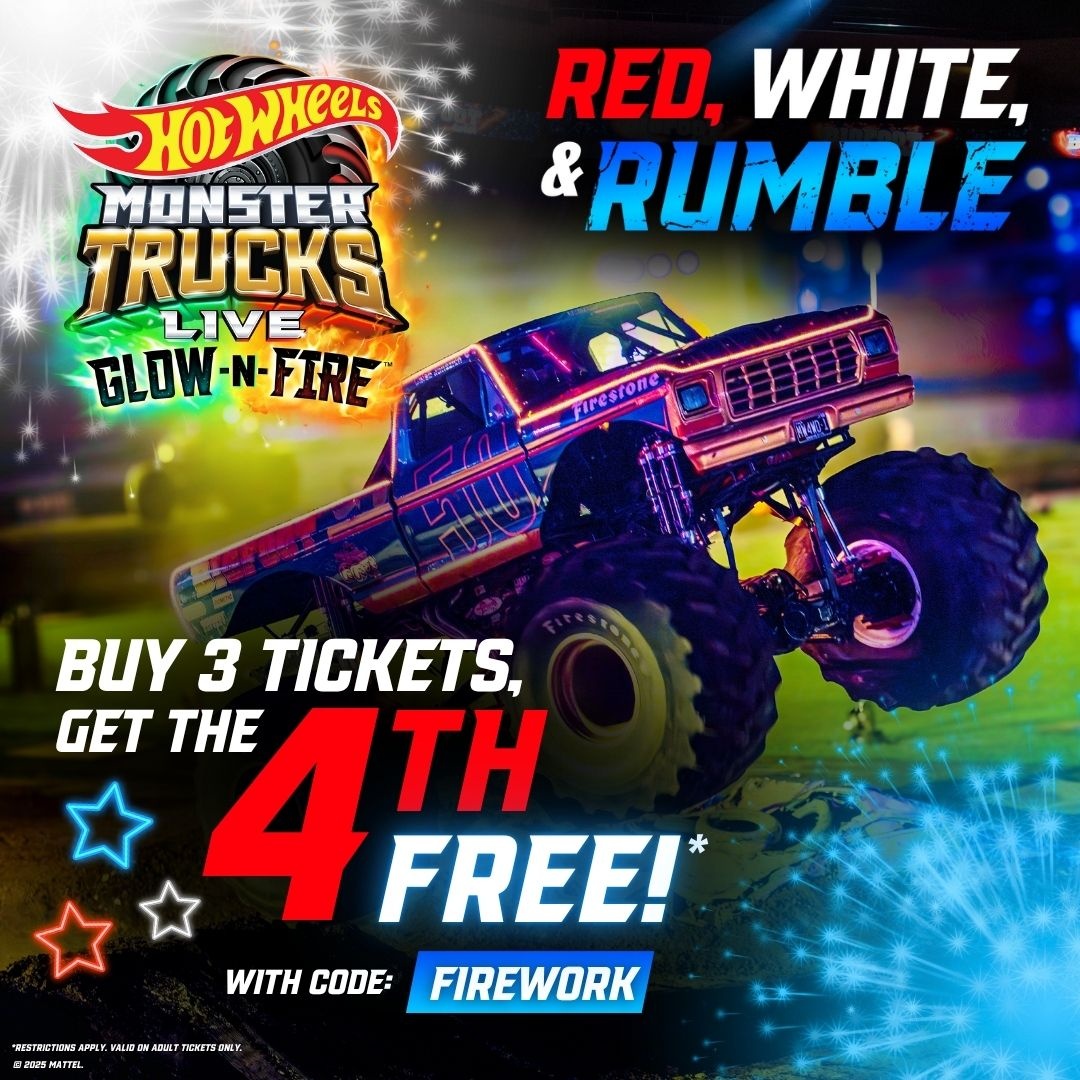 Let freedom ROAR this Independence Day when you buy 3 adult tickets and get the 4th one FREE to Hot Wheels Monster Trucks Live™ in San Diego on September 20-21! 🇺🇸
⁠
Use code FIREWORK 🎆⁠
⁠
*Offer valid 7/1/25-7/8/25 only
⁠
bit.ly/45GfiCx