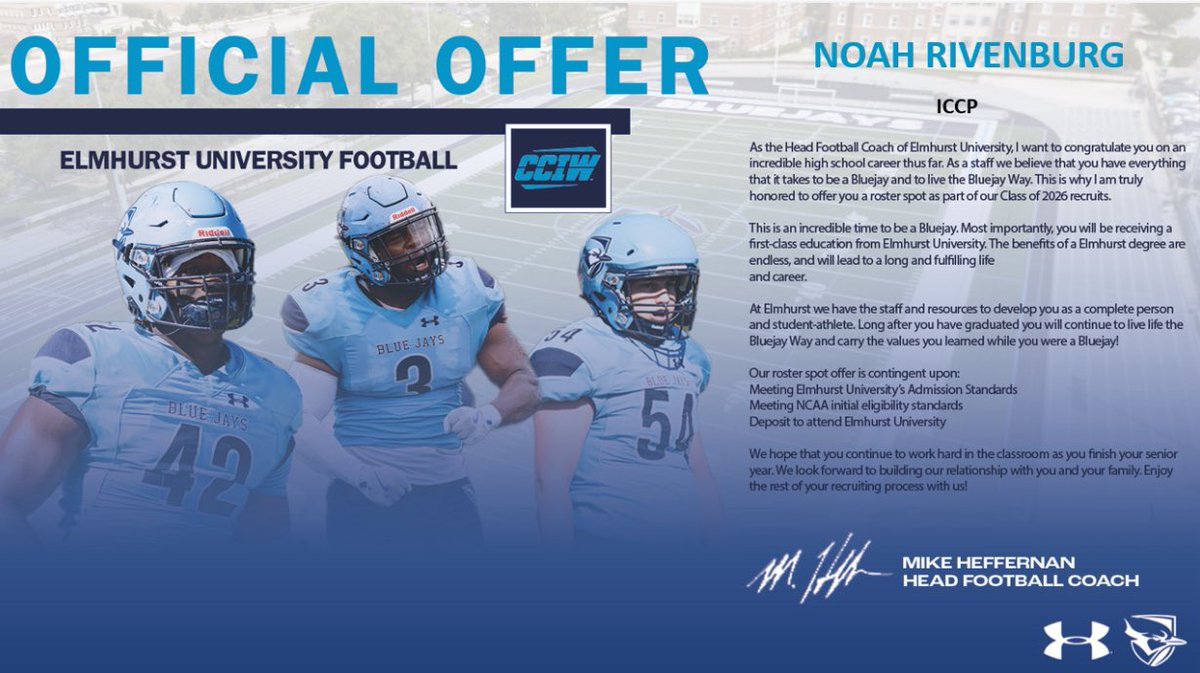 nrivenburg07's tweet image. After a great phone call with @CoachMadison_EU I am blessed to have received my first offer to Elmhurst University.
@ICCPFootball @ElmhurstU_FB @Coach_Heffernan @MattBowen41 @MDohertyICCP @Bryan_Ault @CoachBigPete @EDGYTIM