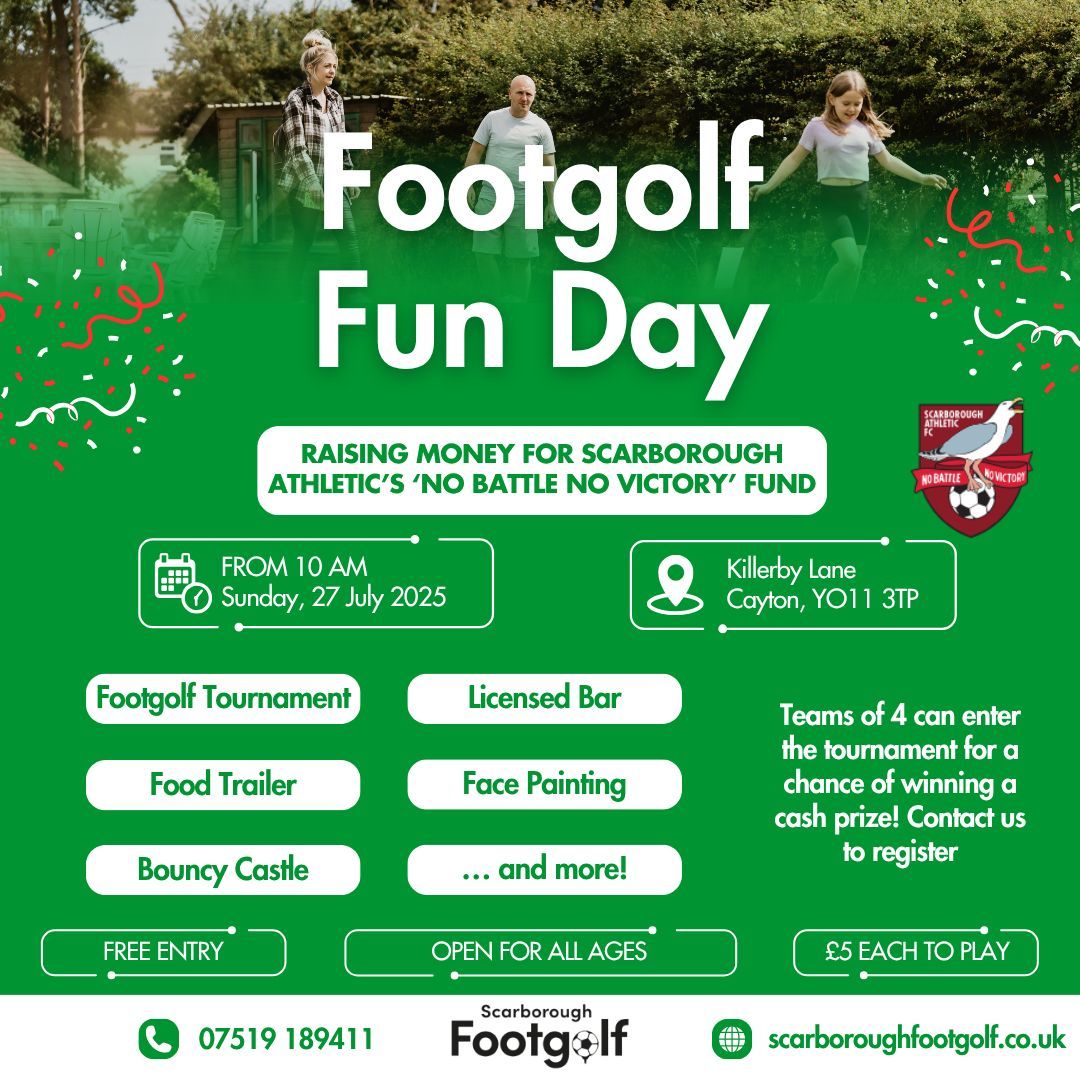 🎉 Less than a month till our Footgolf Fun Day – Sun 27 July!
✅ Free entry
✅ Cheap Footgolf
✅ Tournament &amp; family fun

🎟️ We’re looking for raffle or tombola prize donations, everything helps!

💡 Feel like you could add to the day with a stall or activity? Get in touch