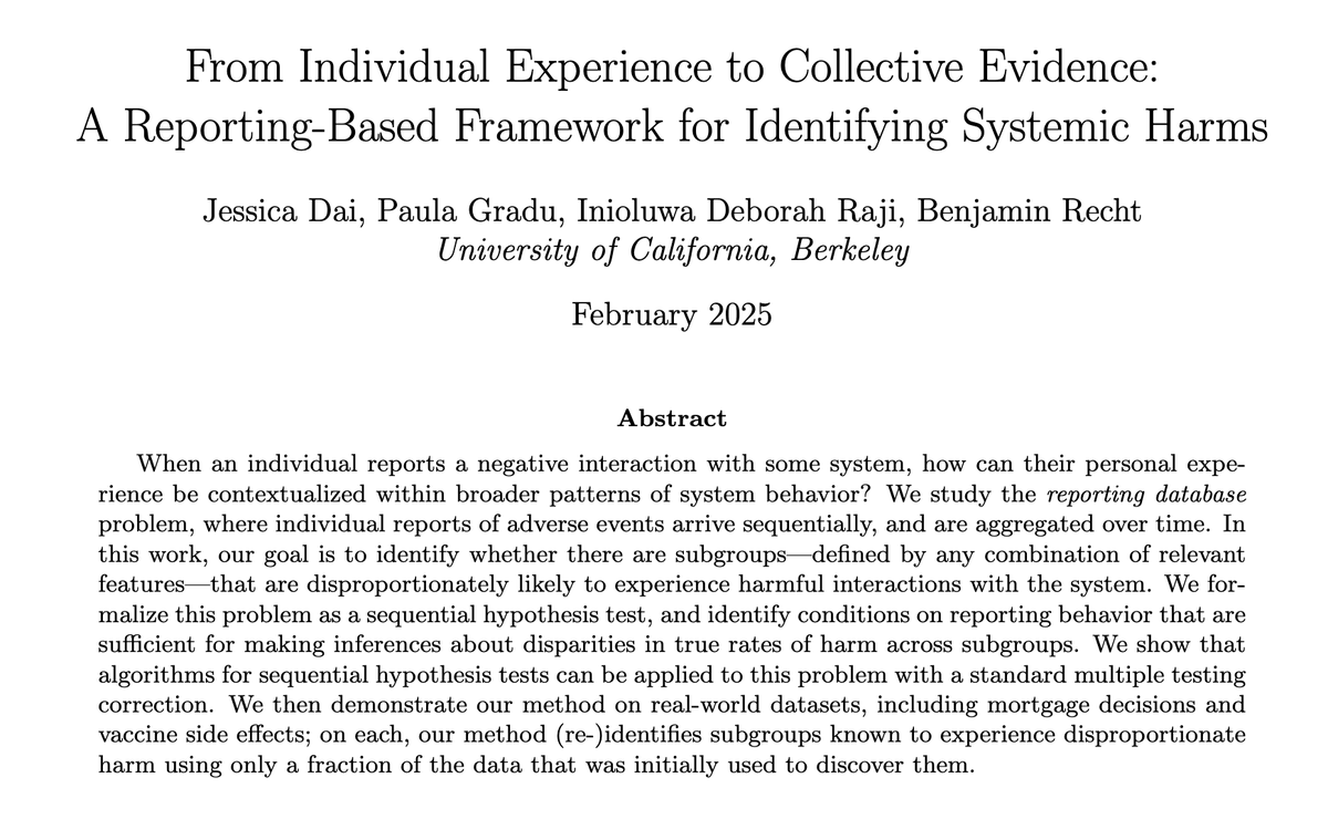 jessicadai_'s tweet image. individual reporting for post-deployment evals — a little manifesto (& new preprints!)
tldr: end users have unique insights about how deployed systems are failing; we should figure out how to translate their experiences into formal evaluations of those systems.