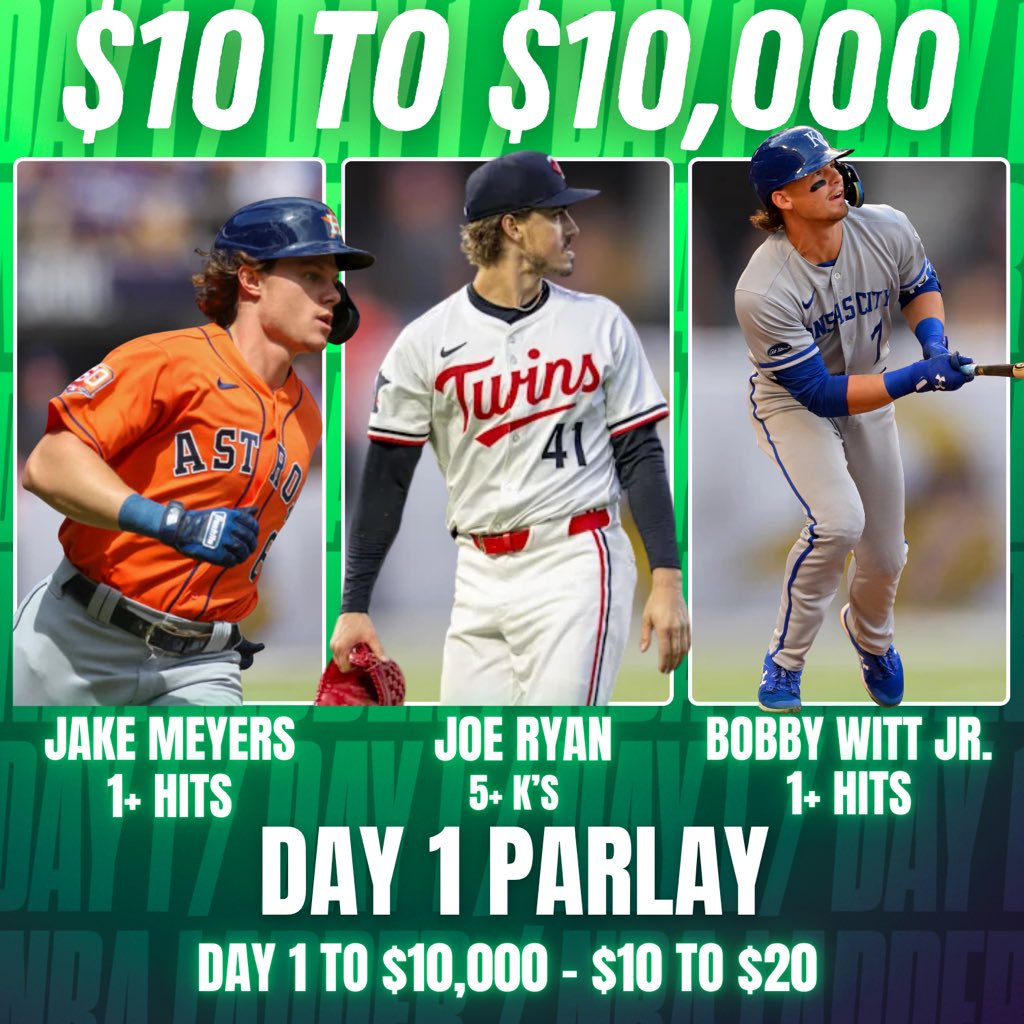 ⚾️ Day 1: To $10,000 Ladder Challenge 

⭐️Jake Meyers 1+ Hits
Hit L9/10 
Hitting .306 vs RHP

⭐️ Bobby Witt Jr. 1+ Hits
Hit L8/10
Hitting .333 vs Hancock

⭐️ Joe Ryan 5+ Strikeouts
Hit L16/20

❤️💬Like &amp; Comment “Day 1” if you’re climbing with us!