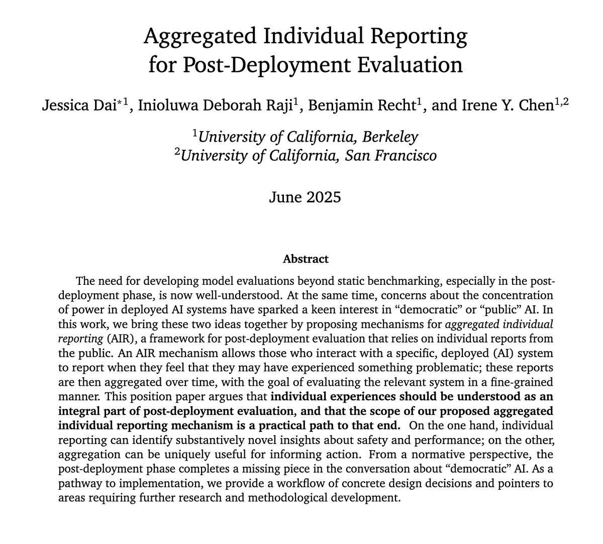 jessicadai_'s tweet image. individual reporting for post-deployment evals — a little manifesto (& new preprints!)
tldr: end users have unique insights about how deployed systems are failing; we should figure out how to translate their experiences into formal evaluations of those systems.