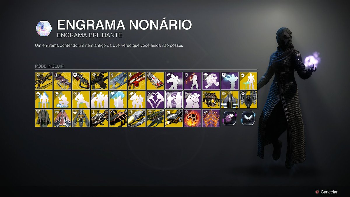 Hoje, 01/07, chegou o Engrama Nonário na Emissária!   Por 350 Agregado Anonário, você pode garantir um dos itens da foto ou até mesmo outras recompensas disponíveis.
Quais ainda faltam na sua coleção?
#Destiny2Creator #destiny2