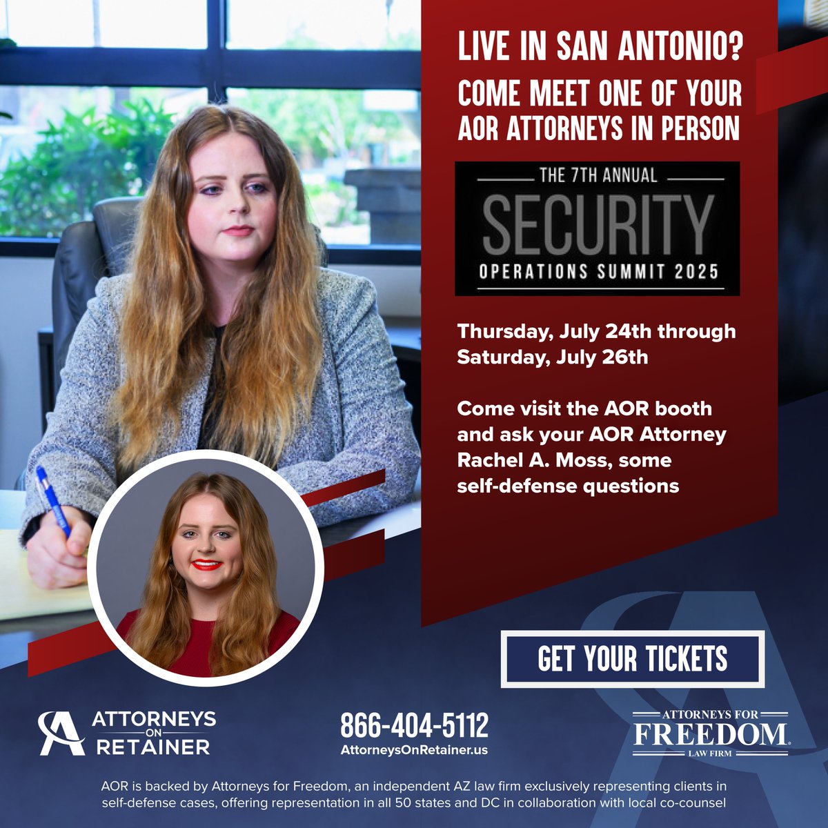AORSelfDefense's tweet photo. 🚨 San Antonio! Come meet and talk with AOR Attorney Rachel A. Moss at the Security Operations Summit, July 24–26. Bring your self-defense questions!

Get tickets: https://t.co/t6ktAAJq2J https://t.co/CvcSksy3pj