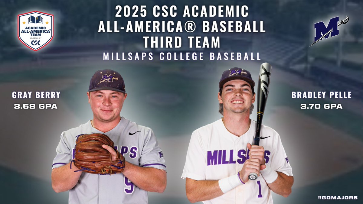 Another MAJOR congratulations to Gray Berry and Bradley Pelle on earning All-American honors on the field and now in the classroom! 🇺🇸📚

Berry and Pelle are now the first baseball Academic All-Americans since 2007!

📰 tinyurl.com/3tfvb94h

#GoMajors