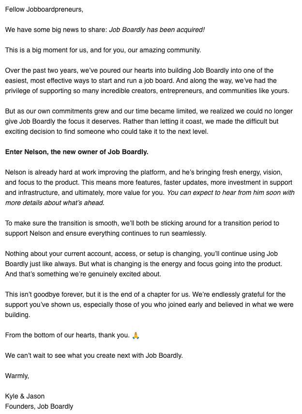 davidsonkyle's tweet image. Big news to share... Job Boardly has been acquired! 🎉
@jmcharnes and I met as strangers on the internet and started Job Boardly as a tiny side project. No funding, no team, just two people trying to build something cool and useful.
Two years later, it’s powering hundreds of…