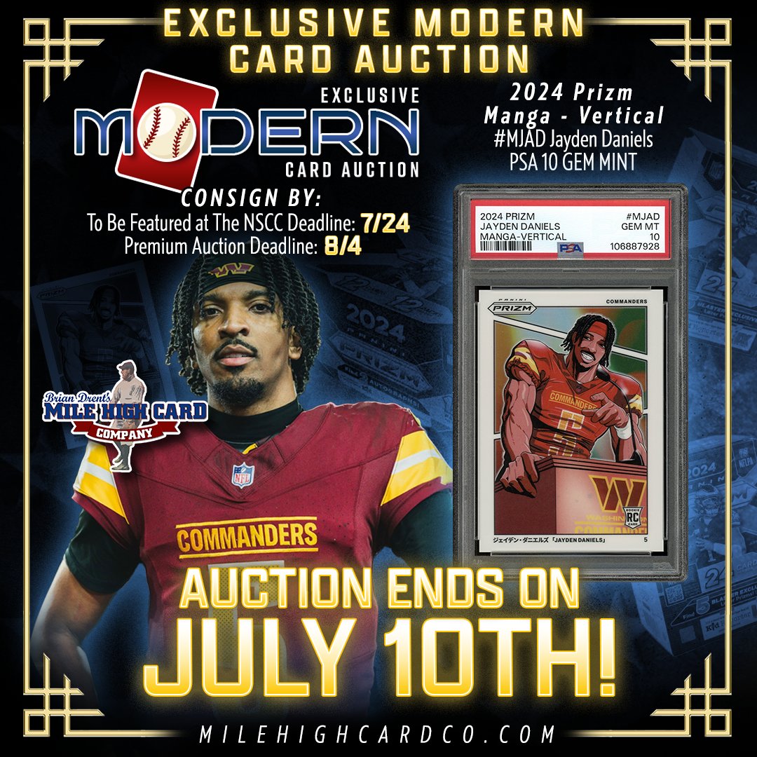 milehighcard's tweet image. Another highlight from our Exclusive Modern Card Auction: This 2024 Panini Prizm Manga - Vertical #MJAD Jayden Daniels graded PSA 10 GEM MINT! A perfect pick for anyone investing in a rising star! β€οΈβπ
π¨ BID NOW! π¨
tinyurl.com/2024mangadanieβ¦
βΌοΈ AUCTION ENDS JULY 10TH!βΌοΈ
#MHCC