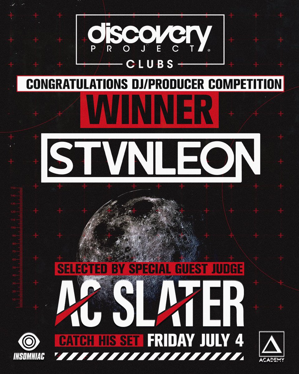 Congratulations to our #DiscoveryProjectClubs winner, <a href="/STVNLEON/">STVN LEON</a> ! 🔊✨Hand selected by our guest judge, <a href="/djacslater/">AC Slater</a>, to open for his <a href="/academy__la/">Academy LA</a> show on July 4th! 🔥

Last minute tickets still available - Pull up!