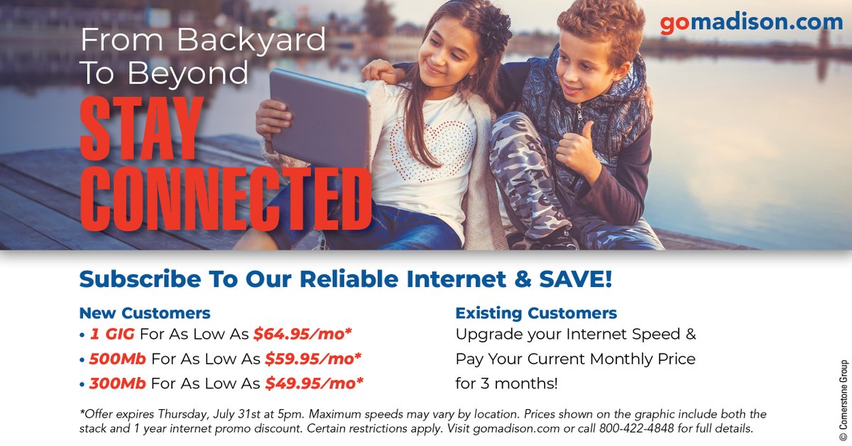 Stay connected from backyard to beyond for as low as $49.95/mo*! Offer for new customers ends at 5 PM on July 31st — don’t miss out!
Visit 👉 gomadison.com for more information!
#StayConnected