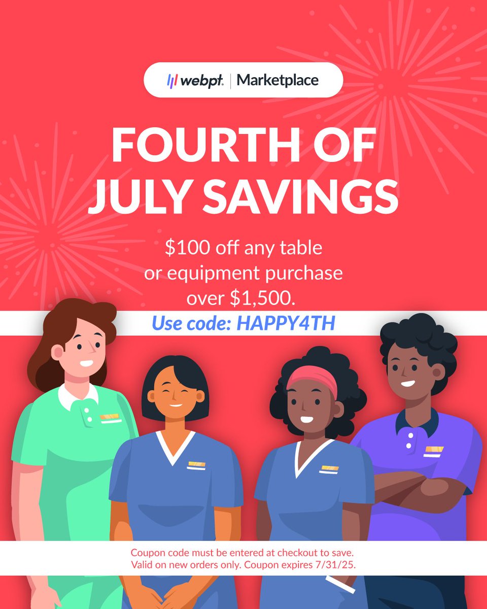 Red, white, and budget-friendly deals for your clinic! 🎆 Upgrade your old tables and equipment with $100 off your purchase of $1,500+ on the WebPT Marketplace. Shop and use code HAPPY4TH at checkout here: webpt.co/4etpPDi

#WebPTMarketplace #ClinicShopping