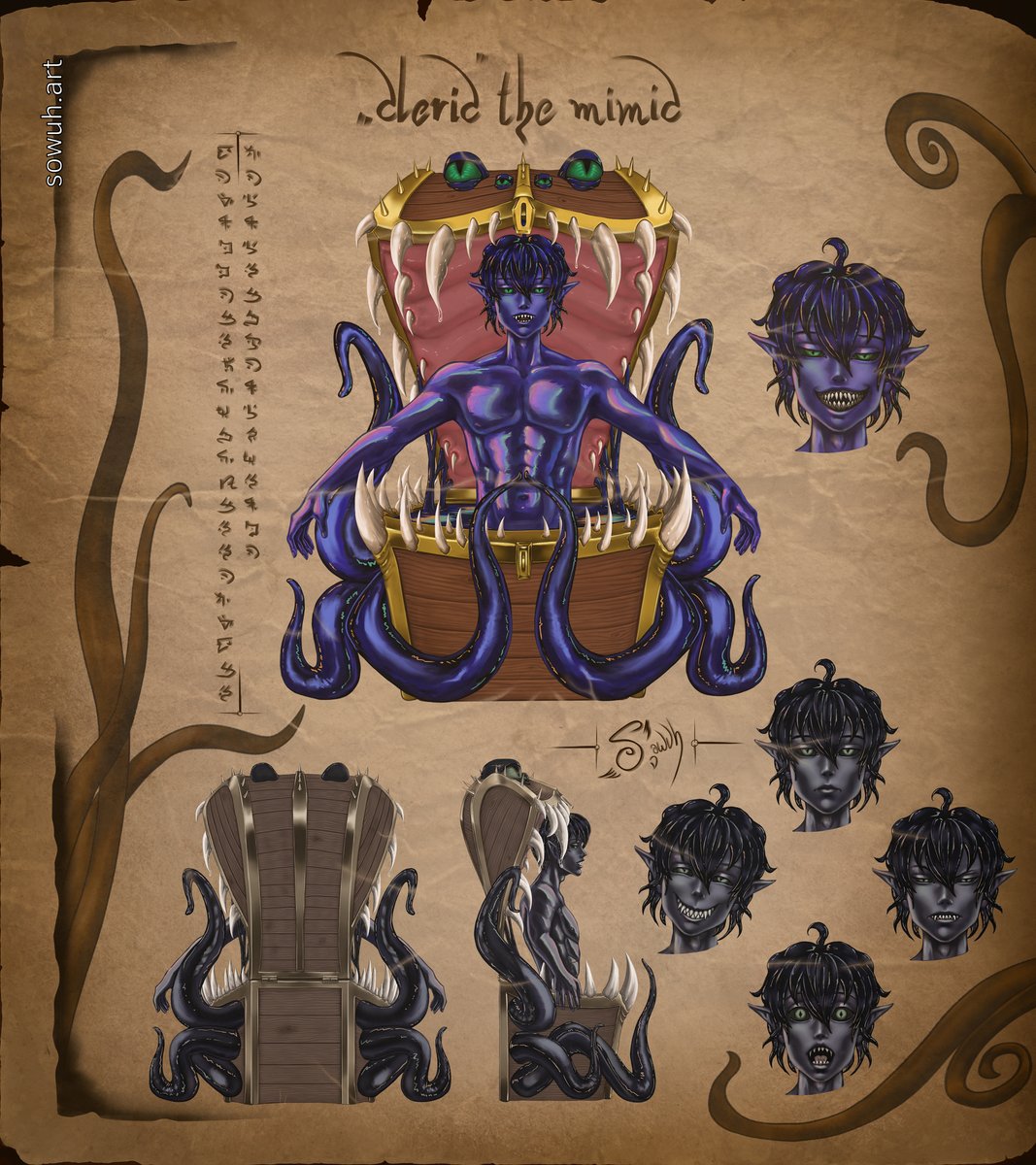 Thanks to my community! I am going to reveal half of Project Cler to the #vtuber world. 

Say hello to Mimic 2.0.

Thank you <a href="/SOWUH_sane/">SOWUH | Comms open</a>  for creating this character sheet. 

Model Debut has not been announced yet, but <a href="/glitchyKaida/">﹝3D﹞G-Kaida カイダー 🩻 - COMMS CLOSED</a> will be working on the model.