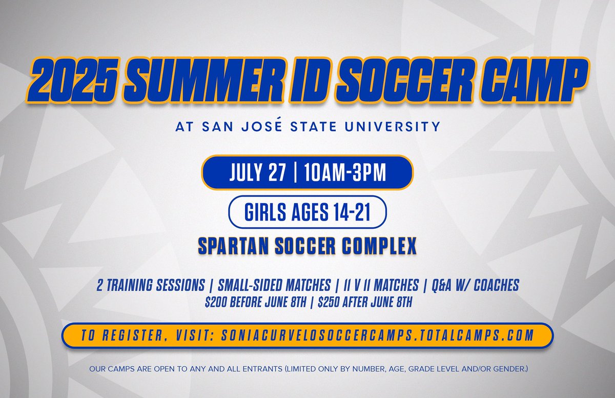 sjsuwsoc's tweet image. Early Bird Pricing closes today! Secure your spot today at the 2025 Summer ll ID Camp on July 27th. soniacurvelosoccercamps.totalcamps.com/shop/EVENT