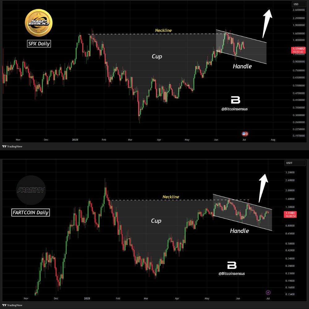 Bitcoinsensus's tweet image. DOUBLE CUP AND HANDLE PATTERN FORMATION 📈💥

Both $SPX and $FARTCOIN are printing identical Cup &amp;amp; Handle patterns on the daily timeframe, a powerful bullish continuation setup.

The structure is textbook:
🔹 Rounded accumulation (Cup)
🔹 Controlled pullback (Handle)
🔹 Breakout…