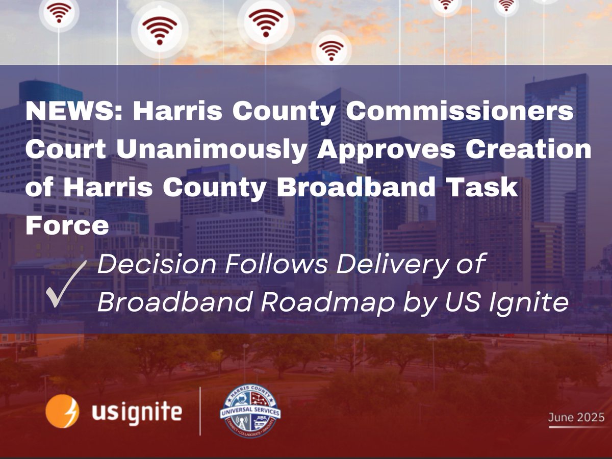 US Ignite (@us_ignite) on Twitter photo BROADBAND NEWS🌐 Harris County just took a decisive step toward expanding Internet access. The Commissioners Court unanimously voted to create a Harris County Broadband Task Force. us-ignite.org/news/harris-co…
Shout out to <a href="/HCUS_TX/">Harris County Universal Services</a> for their vision and leadership in this process! BROADBAND NEWS🌐 Harris County just took a decisive step toward expanding Internet access. The Commissioners Court unanimously voted to create a Harris County Broadband Task Force. us-ignite.org/news/harris-co…
Shout out to <a href="/HCUS_TX/">Harris County Universal Services</a> for their vision and leadership in this process!