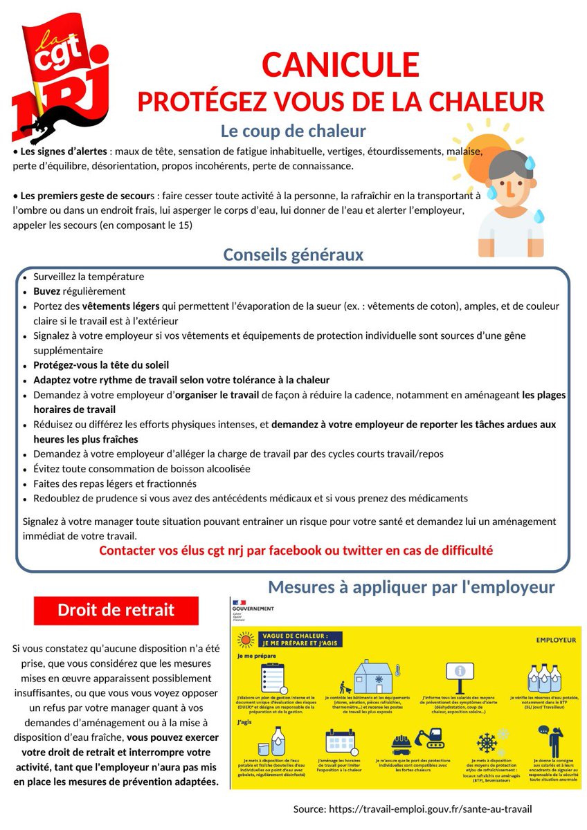 🌡️ ATTENTION AUX COUPS DE CHAUD ! 
Avec les températures caniculaires touchant le pays, hydratez-vous, adaptez votre rythme et signalez tout malaise. N’hésitez pas à nous contacter en cas de problème. 
Quelques conseils 🔽
