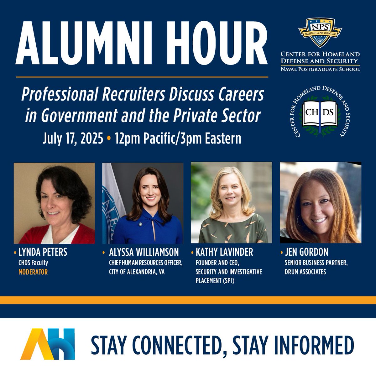 CHDS alumni are invited to join us on 
Thursday, July 17, at noon Pacific/3 pm Eastern for a CHDS Alumni Hour focused on career transitions in 2025. This session is perfect for those considering job changes or exploring new opportunities.