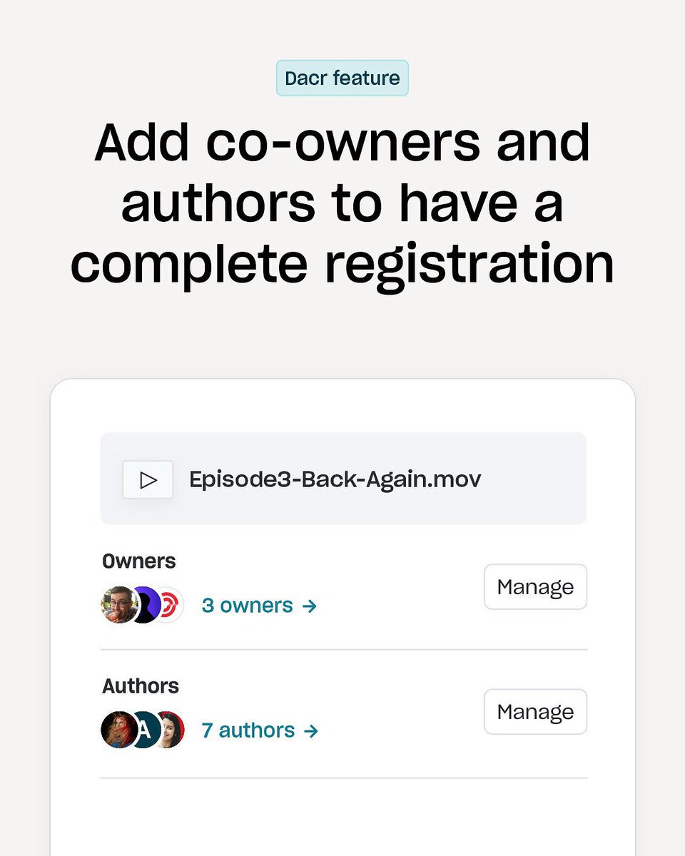 Collaborations deserve complete protection.

Whether it’s a film, podcast, design, or etrack, Dacr makes it easy to add co-owners and authors so every contributor is credited and protected. One upload, full transparency.

• Tag your team
• Lock in shared ownership
• Create a