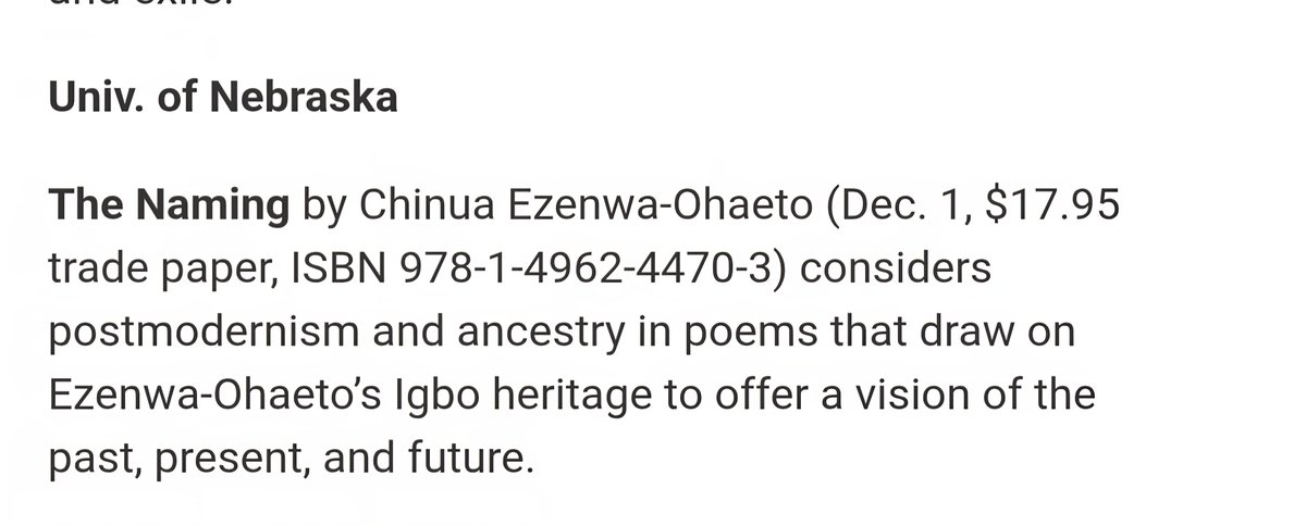 The Naming of <a href="/AfricanPoetryBF/">African Poetry Book Fund</a> to be published by <a href="/UnivNebPress/">Univ Nebraska Press</a> is recognised by <a href="/PublishersWkly/">Publishers Weekly</a> as one of the anticipated books of fall, 2025. Happy for it to be in the midst of other wonderful writers. I am grateful.

Order link:
Amazon: a.co/d/6oNpP7n
