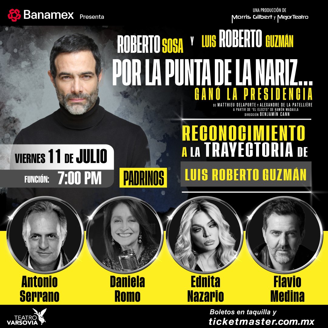 Mejor Teatro (@mejorteatro) on Twitter photo La trayectoria artística de <a href="/luisroguzman/">Luis Roberto Guzmán</a> es increíble y por eso, el próximo 11 de julio la vamos a celebrar con una función especial de <a href="/PorLaPuntaDeLa/">Por La Punta De La Nariz</a> Nariz.
📍 <a href="/TeatroVarsovia/">Teatro Varsovia</a>
🧚♀️ #AntonioSerrano | <a href="/flaviomedina/">Flavio Medina</a>
🧚♂️ <a href="/DanielaRomoWeb/">DANIELA ROMO</a> | <a href="/EdnitaNazario/">Ednita Nazario</a>
🎟️ bit.ly/PLPNRobertoGuz… La trayectoria artística de <a href="/luisroguzman/">Luis Roberto Guzmán</a> es increíble y por eso, el próximo 11 de julio la vamos a celebrar con una función especial de <a href="/PorLaPuntaDeLa/">Por La Punta De La Nariz</a> Nariz.
📍 <a href="/TeatroVarsovia/">Teatro Varsovia</a>
🧚♀️ #AntonioSerrano | <a href="/flaviomedina/">Flavio Medina</a>
🧚♂️ <a href="/DanielaRomoWeb/">DANIELA ROMO</a> | <a href="/EdnitaNazario/">Ednita Nazario</a>
🎟️ bit.ly/PLPNRobertoGuz…