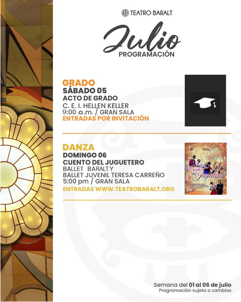 •Cartelera Baralt• 
Semana del  01 al 06 de Julio 
 ¡Te esperamos!  

📌Programación sujeta a cambios.  #teatrobaralt #danza #actividades #baile #musical #Teatro #maracaibo