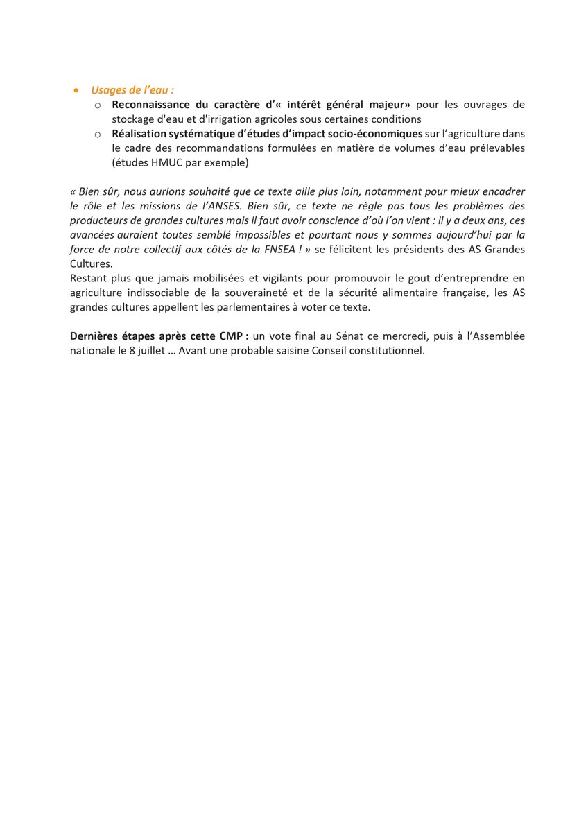L’adoption en CMP de la loi « visant à lever les contraintes à l’exercice du métier d’agriculteur » concrétise enfin des réponses que nous attendons depuis des années ! 🌾🌽 🌻🥔 🫜
🙏Nous saluons le retour du bon sens pour l’avenir de nos  filières et de la sécurité alimentaire