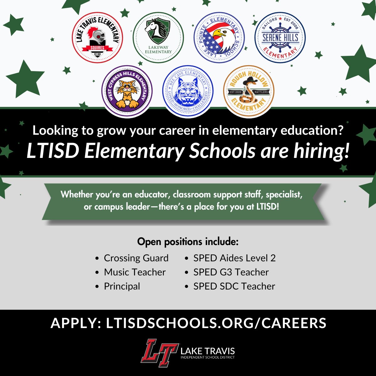 📚 LTISD Elementary Schools are hiring!

Open positions include:
• Crossing Guard
• Music Teacher
• Principal
• SPED Aides Level 2
• SPED G3 Teacher
• SPED SDC Teacher

💻 Apply: ltisdschools.org/careers
#LT1CommunityPurposeHeart ❤️