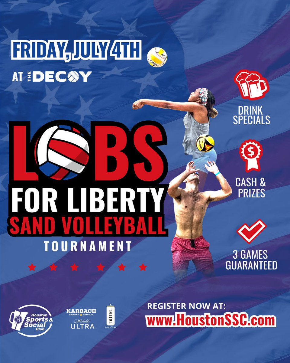 HoustonSSC's tweet image. Red, white, and you better hustle. Lobs for Liberty hits The Decoy HTX on the 4th! 🇺🇸

Sign up &amp;amp; bring the energy: bit.ly/4ed25Dq