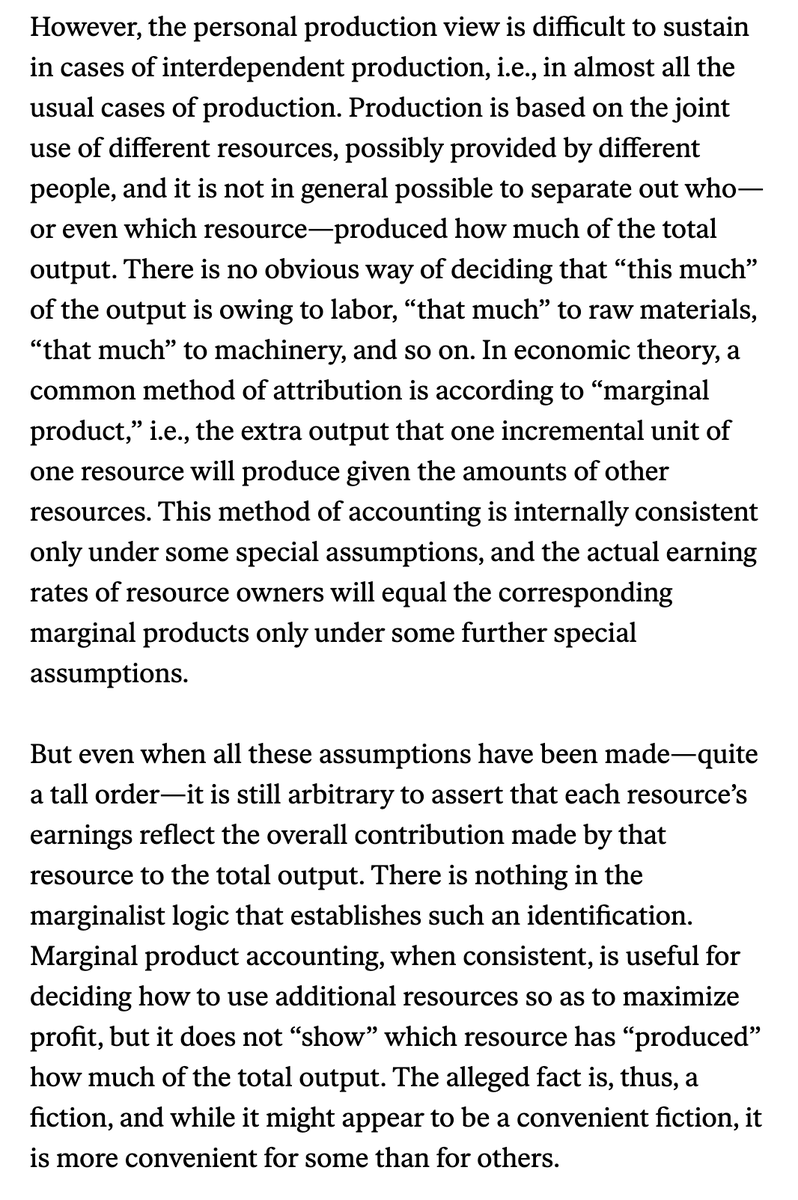 Matt Bruenig (@mattbruenig) on Twitter photo <a href="/augustofretes/">Luis Augusto Fretes</a> <a href="/mattyglesias/">Matthew Yglesias</a> (But you are right, in production there are so many inputs that, if you were to remove them, the output would fall to zero, which is precisely why it is impossible to *mathematically* determine how much of the output each input is *responsible* for, Sen's point below) <a href="/augustofretes/">Luis Augusto Fretes</a> <a href="/mattyglesias/">Matthew Yglesias</a> (But you are right, in production there are so many inputs that, if you were to remove them, the output would fall to zero, which is precisely why it is impossible to *mathematically* determine how much of the output each input is *responsible* for, Sen's point below)