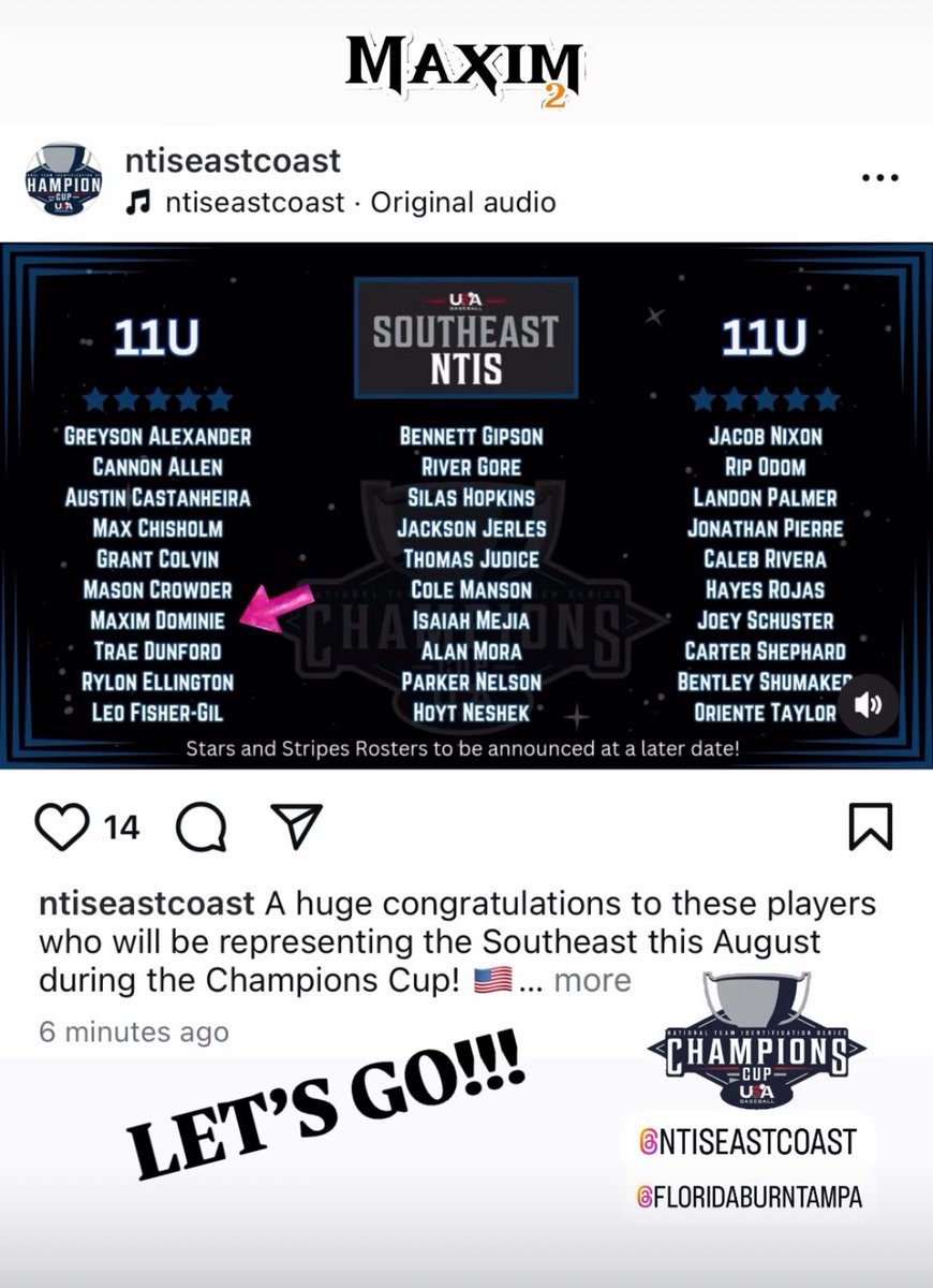 Feel honored and excited to have been selected by <a href="/SoutheastNtis/">SoutheastNTIS</a> to participate in the <a href="/USABaseEvents/">USA Baseball Events</a> Champions Cup this August in Cary, NC!