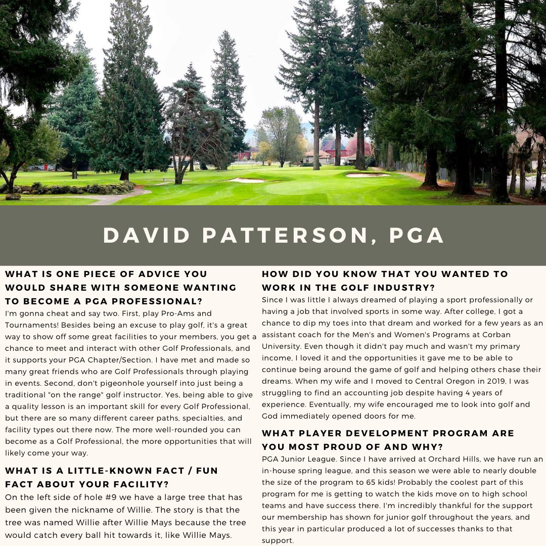 🌟 OPGA Golf Pro Spotlight! 🌟
We’re proud to highlight the amazing members of the Oregon Chapter of the PNWPGA who are growing the game every day.
•
This month, we’re excited to feature David Patterson, PGA of Orchard Hills G&amp;CC!

#OPGASpotlight #PNWPGA #GrowTheGame