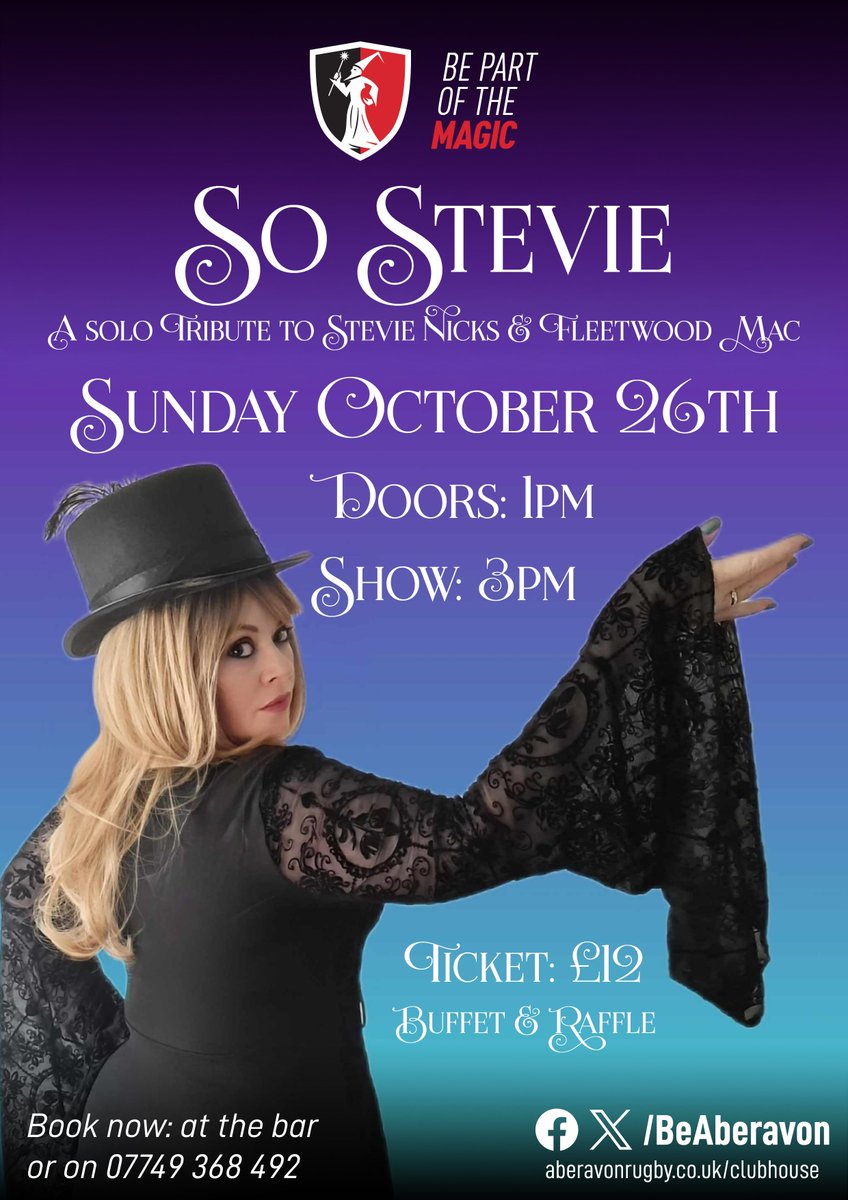 BeAberavon's tweet photo. Next Up โคต๏ธ
It's Kelly from It Takes 2 again, this time with her ๐๐จ ๐๐ญ๐๐ฏ๐ข๐ show - a tribute to Stevie Nicks and Fleetwood Mac ๐ถ๐ค Not to be missed!
Book your place ๐ Behind the bar during opening hours or on ๐ฒ 07749 368 492 (cash only ๐ท)
#BePartOfTheMagic โค๏ธ๐ค https://t.co/QYAG6eyrfW