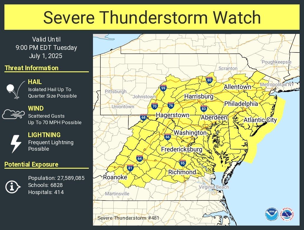 RichWirdzekWx's tweet image. NEW: Severe Thunderstorm Watch until 9pm. Covers most of Delmarva, and included DC-Baltimore-Richmond-Philadelphia metro areas.