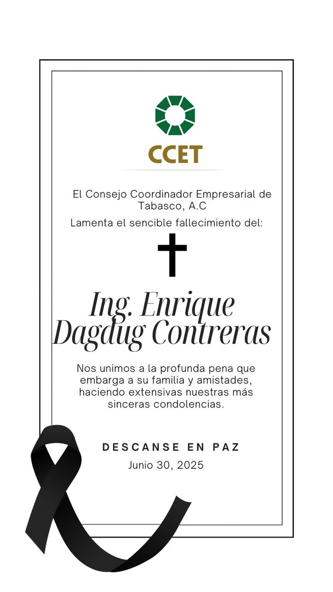 El <a href="/CCET_Tabasco/">CCET_Tabasco</a> se una a la pena que embarga a la familia Dagdug Contreras, por el sensible fallecimiento del Ing. Enrique Dagdug Contreras, expresidente del #CCET  y expresidente del <a href="/Cictab/">Colegio de Ingenieros Civiles de Tabasco, A.C.</a>