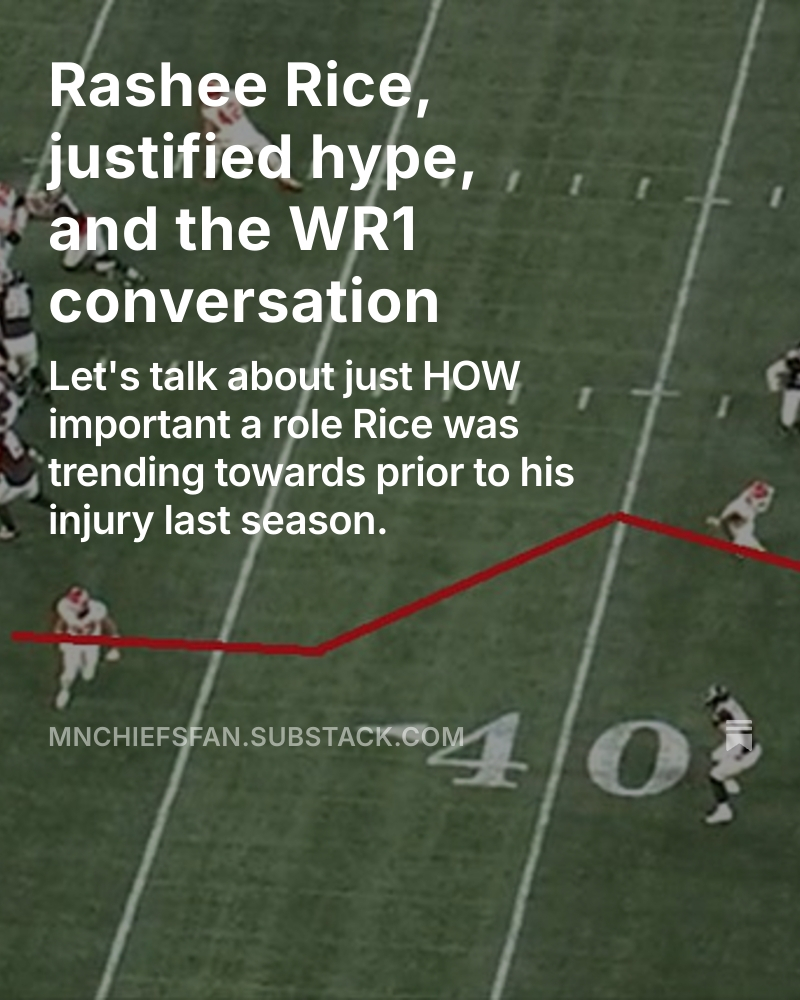 In a time of unjustified hype, the hype around Rashee Rice is arguably understated.

I wrote about how Rice has become the focal point of the Chiefs' offense, and how the film is encouraging in terms of him being their clear WR1, health permitting.

🔗- mnchiefsfan.substack.com/p/rashee-rice-…