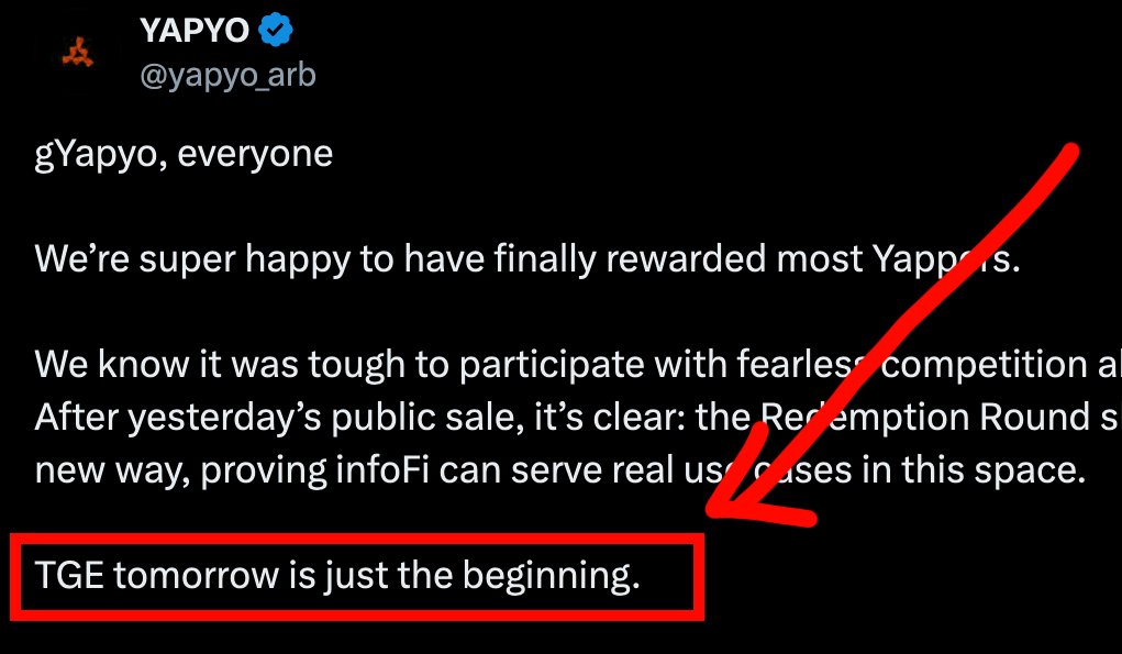 FINALLY Listing for @yapyo_arb  tomorrow 🥳  !!

A Token Generation Event (TGE) is like the official "launch party" for a new cryptocurrency or digital token. 

Imagine a company creating a new product say, a special kind of collectible card - and deciding to sell it to the