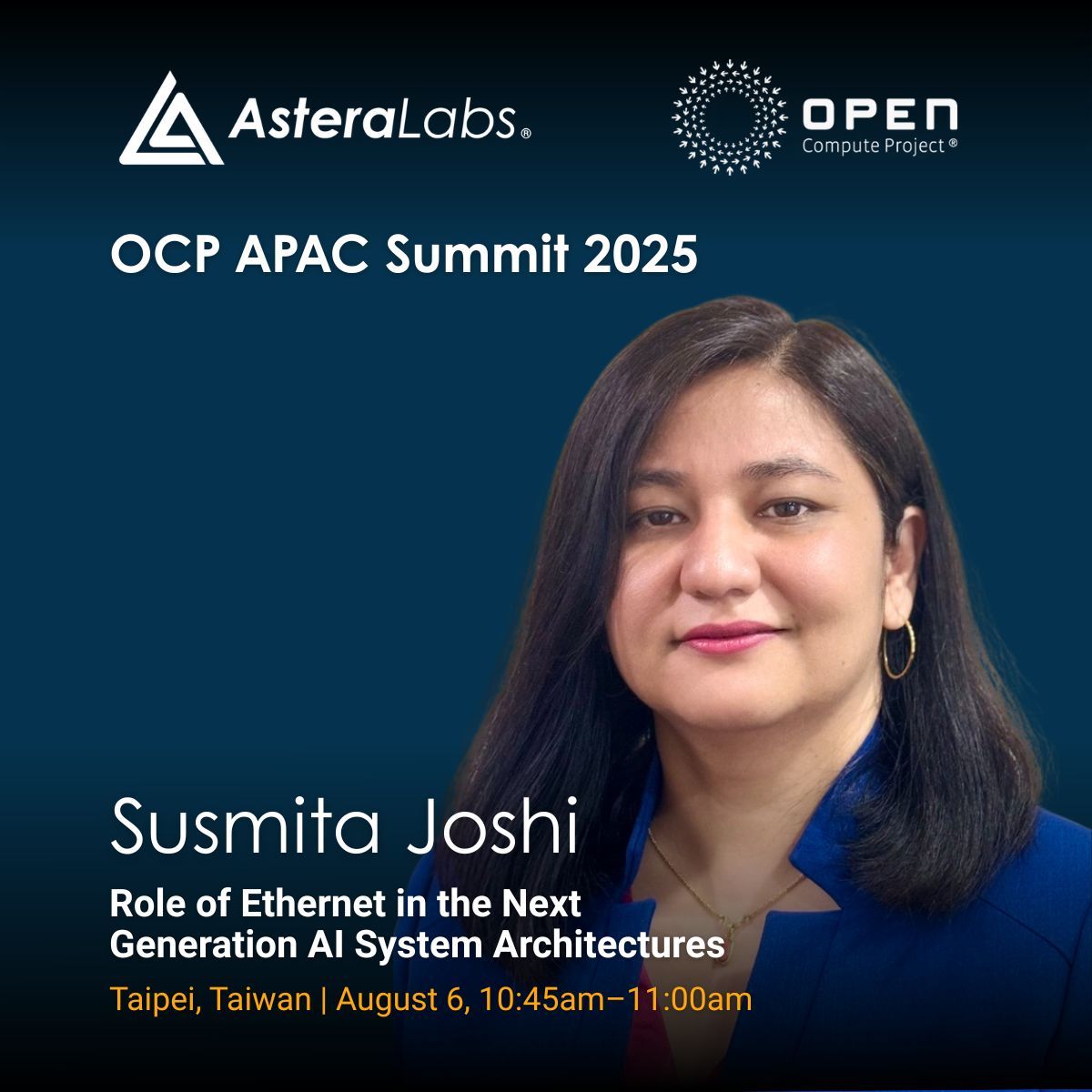 The OCP APAC Summit is back! 💡 Proud to have Astera Labs’ experts sharing game-changing insights. Susmita Joshi, key leader behind our Ethernet product line, diving into “The Role of #Ethernet in Next Gen #AI Architectures.” Register now! buff.ly/q8pWJWa #OCPAPACSummit