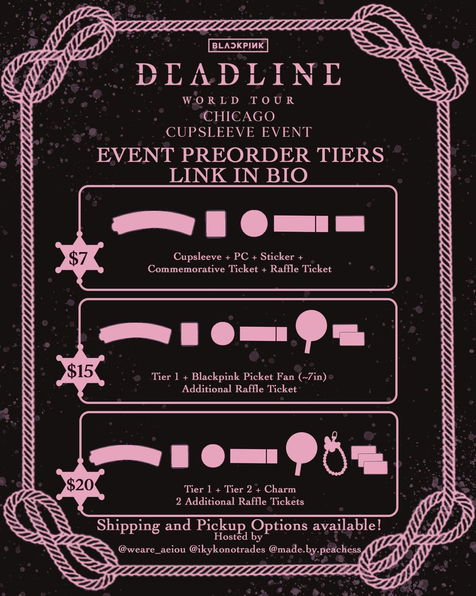 💖Blackpink DEADLINE World Tour in Chicago is approaching! Come join us for a pre-concert cupsleeve event with photo ops, vendors, and raffles! Will we see you in our area? 👀

🗓Friday July 18
🕑12pm-5pm
📍@/autea.chicago
2026 S Clark St
Chicago, IL 60616

Tiers are also