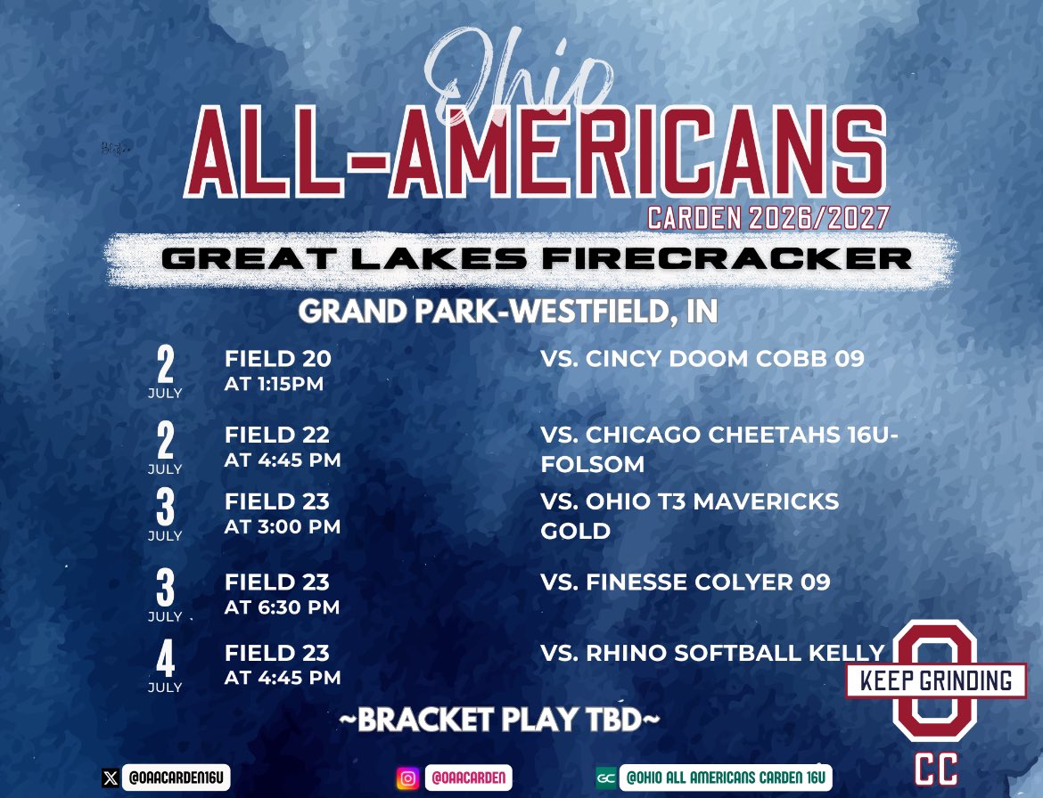 Schedule for this weekend in Indiana!! Can’t wait to be back on the field with my girls! 🎆🎇🎆🎇 <a href="/JordanLMcNary/">Jordan McNary</a> <a href="/nix131313/">Coach Nix</a> <a href="/Hall_J_4/">Jenna Hall</a> <a href="/jess_bracamonte/">Jessica Bracamonte</a> <a href="/Jess_Odonnell88/">Jessica O'Donnell</a> <a href="/CoachJLPrice/">Jackie Price</a> <a href="/CoachScibelli/">Coach Tony Scibelli</a> <a href="/CoachJexx_RMU/">Coach Jexx</a> @stephenoswald2 <a href="/CoachKnerem/">Emlyn Knerem</a> <a href="/Paige_McMenemy/">Paige McMenemy</a> <a href="/MaloneUSoftball/">Malone University Softball</a>