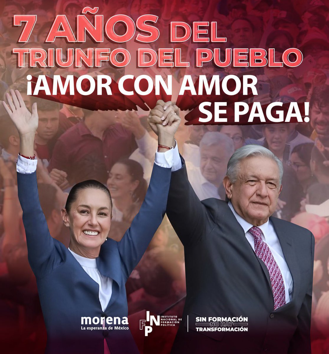 Hace 7 años el pueblo de México salió a las urnas con la convicción de iniciar la Cuarta Transformación de la mano de Andrés Manuel López Obrador y no permitir nunca más un fraude electoral. 

Desde aquel día promovemos una transformación pacífica, fraterna, solidaria y que tiene