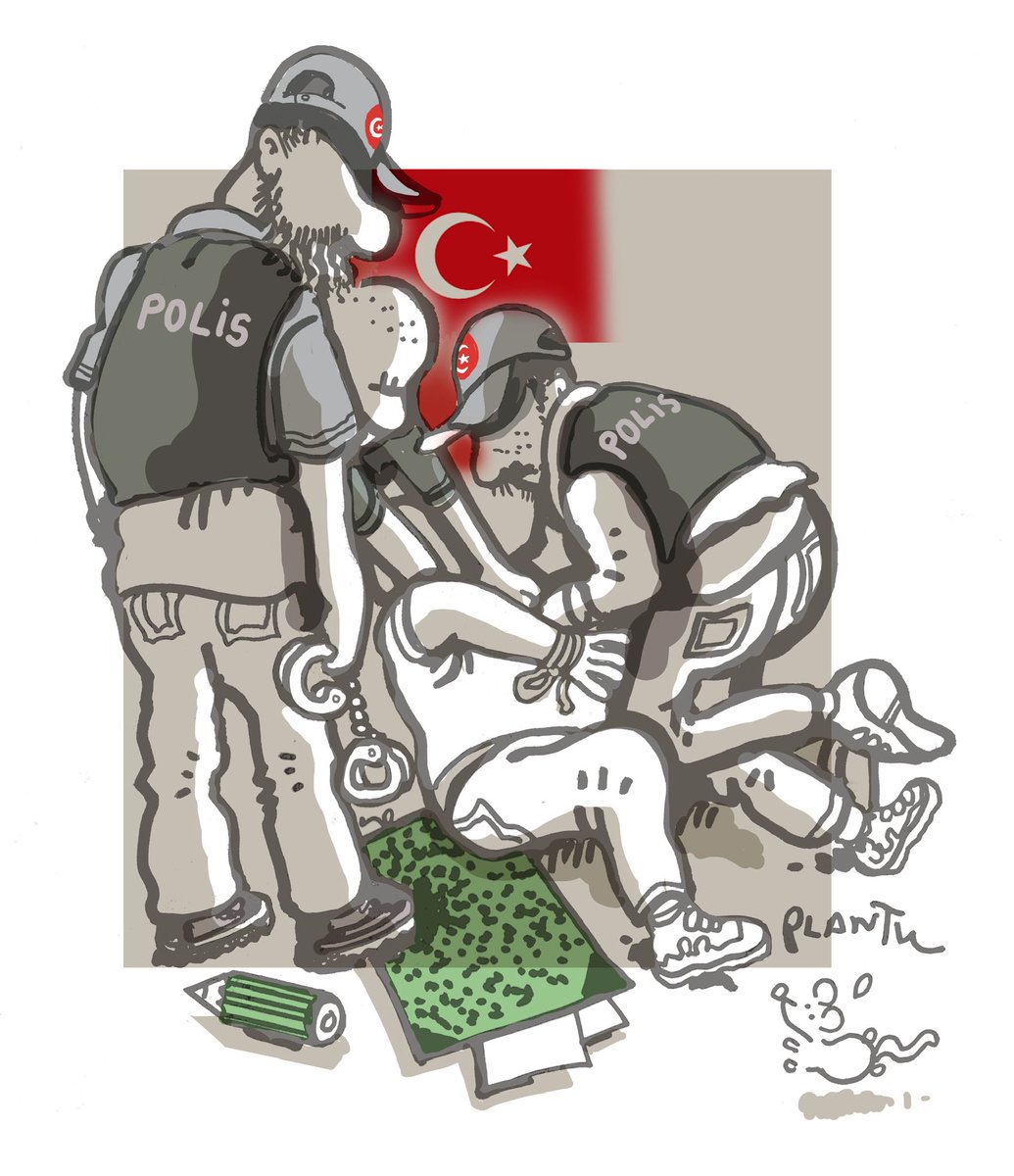 plantu's tweet image. TURQUIE: voilà comment on arrête un caricaturiste qui déplaît aux fondamentalistes. Dogan Pehlevan a été arrêté, menotté et emprisonné. C’était hier à Istanbul.