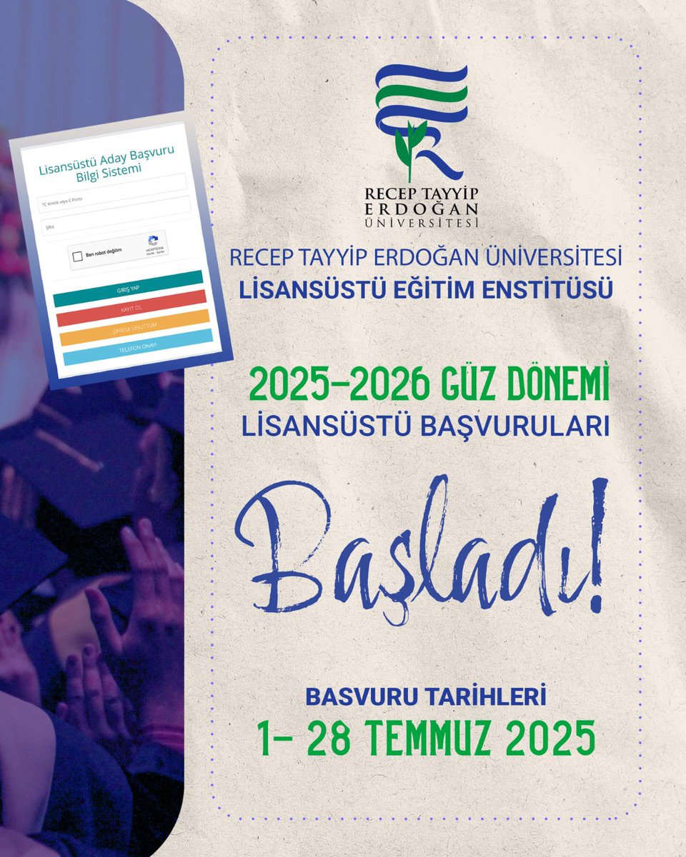 RTEÜ 2025-2026 Eğitim Öğretim Yılı
Lisansüstü başvuruları başladı.
Detaylar şuracıkta:
lisansustu.erdogan.edu.tr/tr/news-detail…
