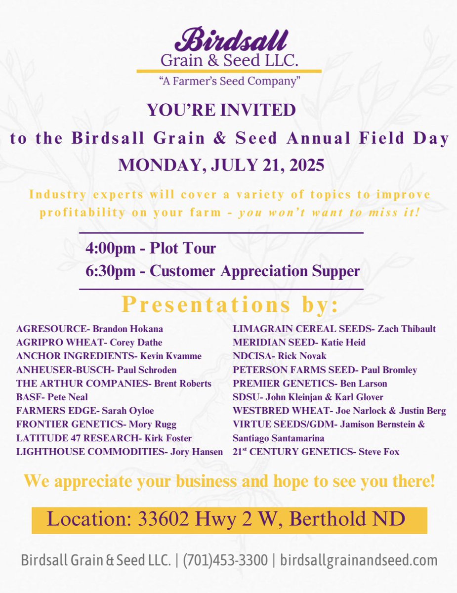BirdsallSeed's tweet photo. It’s July and we’re only 3 weeks away from the Birdsall Grain & Seed Plot Tour!

We’ve got a stacked lineup of speakers coming to visit about products and profitability, we’ll have equipment from all the major manufacturers on display, and we’ll take you on a tour of the brand new fertilizer facility!

🗓️Mark your calendars for Monday, July 21st. 𝙔𝙤𝙪 𝙬𝙤𝙣’𝙩 𝙬𝙖𝙣𝙩 𝙩𝙤 𝙢𝙞𝙨𝙨 𝙞𝙩!