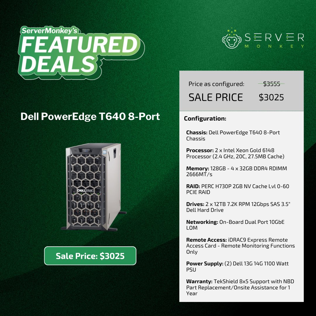 ServerMonkey (@myservermonkey) on Twitter photo Freedom from storage limits! 15% off Dell PowerEdge #T640 Tower: Now $3,025! Dual Xeon Gold 6148 CPUs (40 cores), 128GB RAM, 24TB storage, 10GbE networking.
🌐: hubs.ly/Q03vtrbK0
👨💻: 1-855-432-8918 | sales@servermonkey.com
#ServerMonkeyFeaturedDeal Freedom from storage limits! 15% off Dell PowerEdge #T640 Tower: Now $3,025! Dual Xeon Gold 6148 CPUs (40 cores), 128GB RAM, 24TB storage, 10GbE networking.
🌐: hubs.ly/Q03vtrbK0
👨💻: 1-855-432-8918 | sales@servermonkey.com
#ServerMonkeyFeaturedDeal